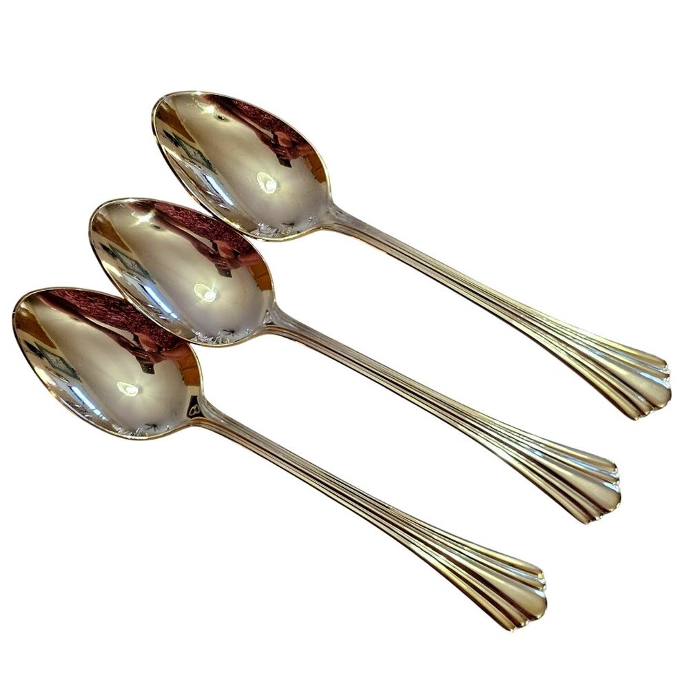 3 Royal Gallery Gold Ribbed Soup Spoons 8.25" ridges fan fancy elegant romance